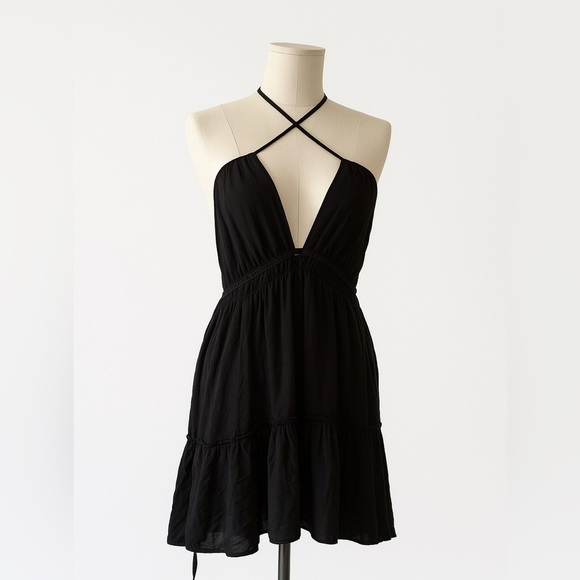 NWT Day Moon Summer Black Halter Ruffle Mini Backless Dress Size Medium - Picture 1 of 9